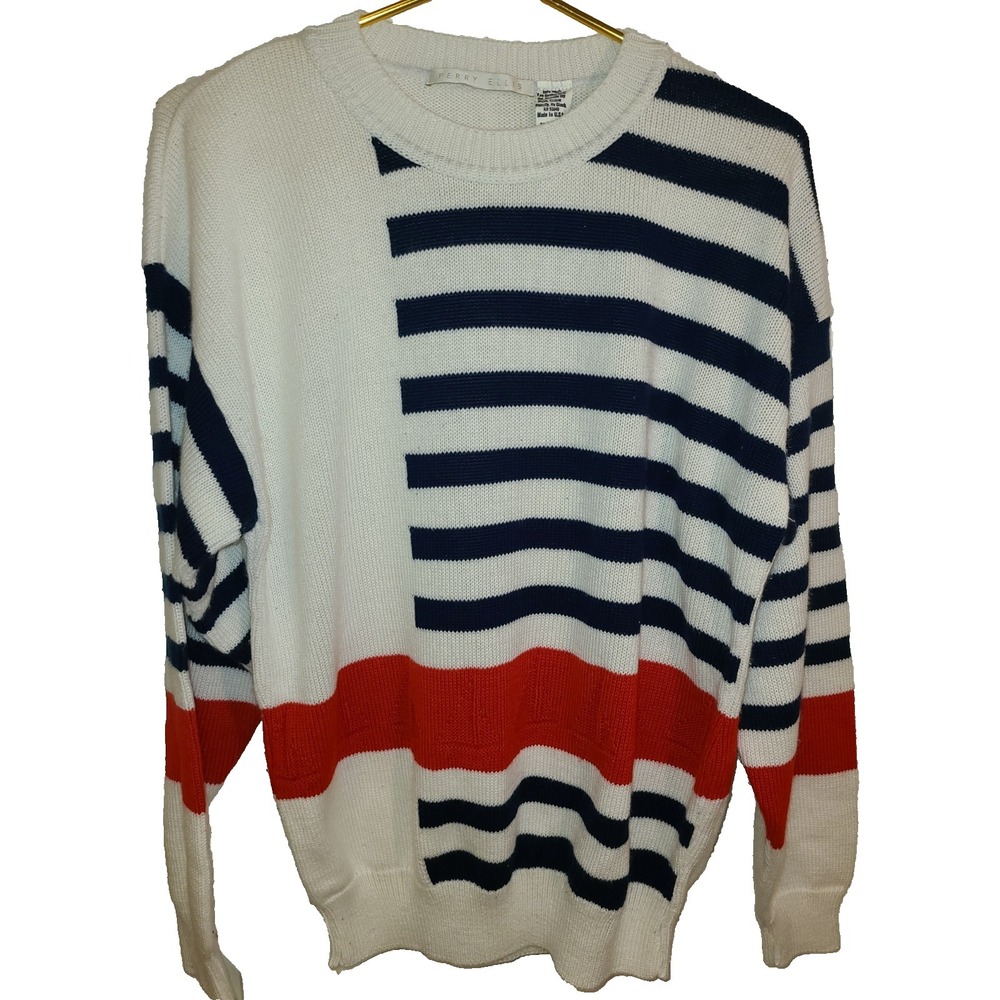 80s America Perry Ellis Sweater Women L Red White Blue Stripe Patriotic Sailboat